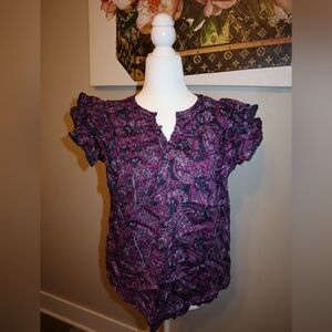 Medium Women's Paisley Ruffle Sleeve Top - Purple